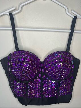 Purple Rhinestone-Embellished Longline Bustier Bra Croptop